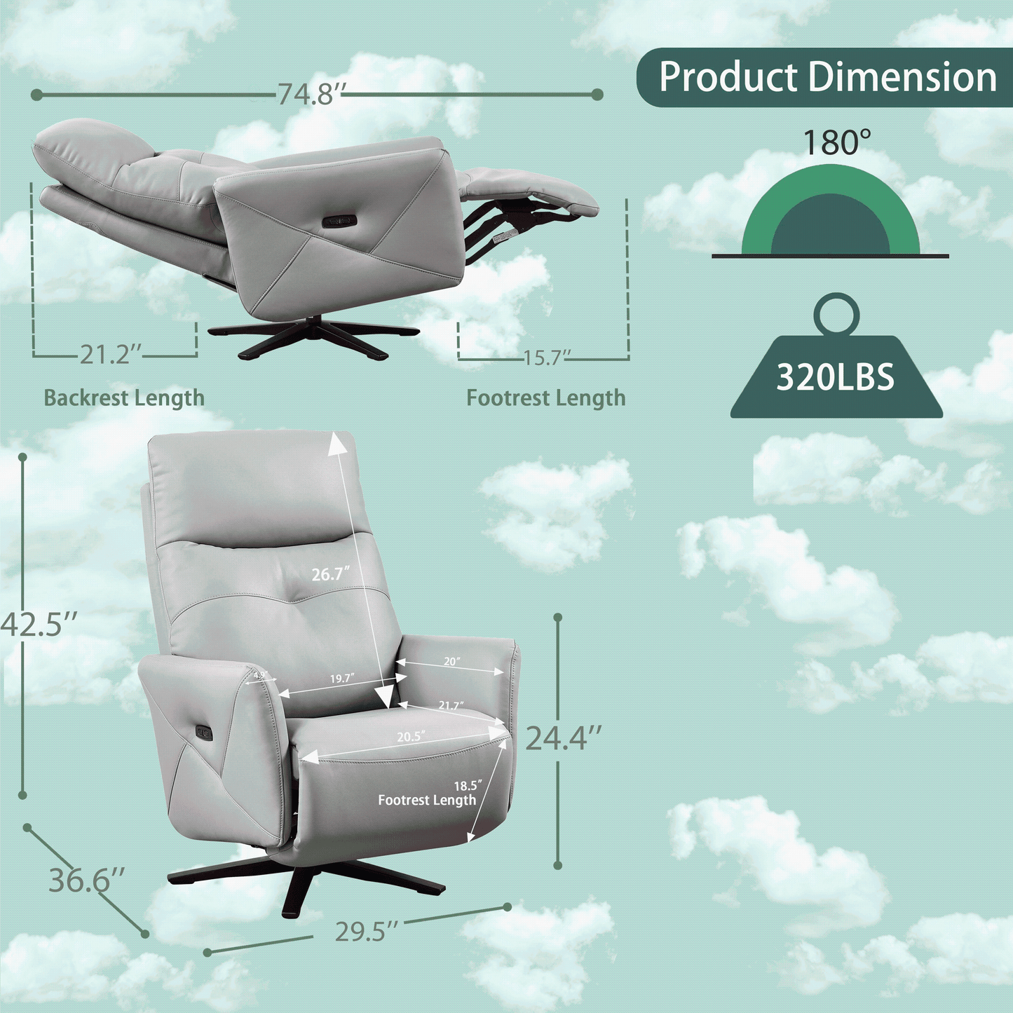 PUG258Y Power Zero Gravity Recliner Chair with Adjustable Headrest,360° Swivel USB Charge Port, Leather - Argent