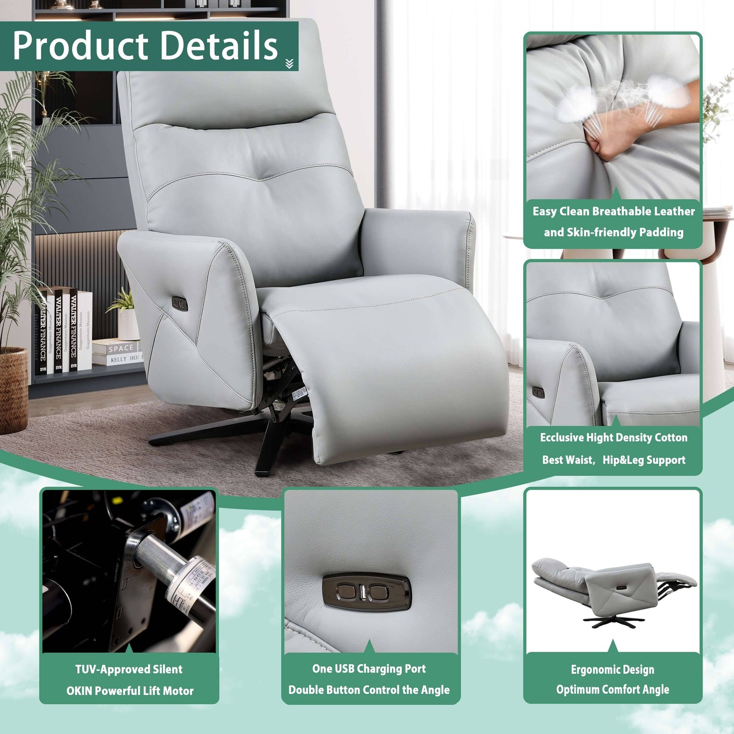 PUG258Y Power Zero Gravity Recliner Chair with Adjustable Headrest,360° Swivel USB Charge Port, Leather - Argent
