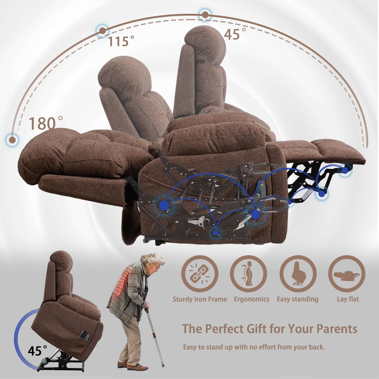 PUG258Y 9689Pro Lay Flat Lift Recliner with Heat&Massage for Seniors, Hidden Cup Holders - Nut Brown