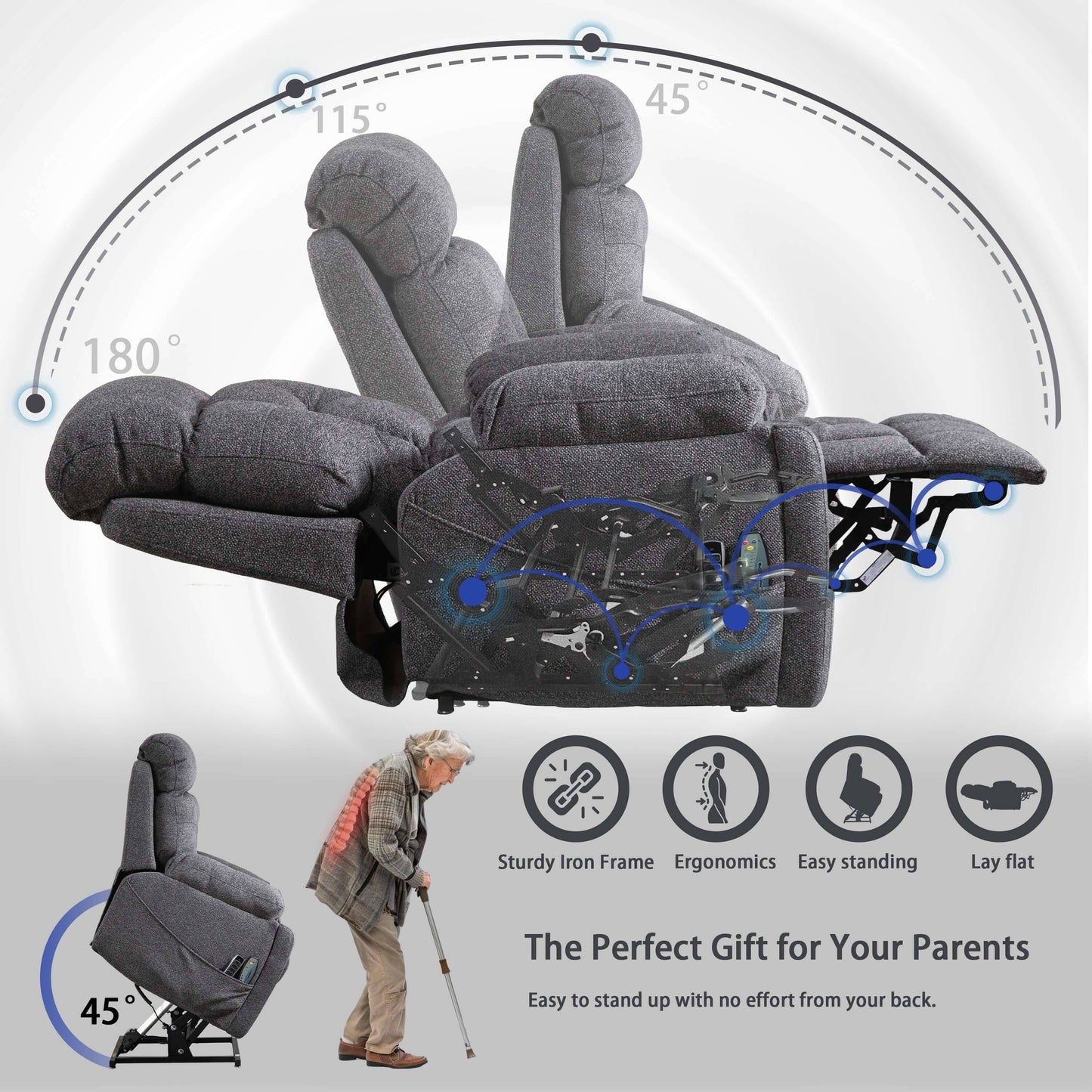 PUG258Y 9689Pro Lay Flat Lift Recliner with Heat&Massage for Seniors, Hidden Cup Holders - Dark Gray