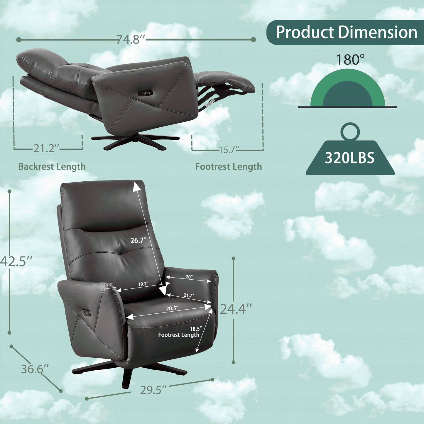 PUG258Y Power Zero Gravity Recliner Chair with Adjustable Headrest,360° Swivel USB Charge Port, Leather - Gray 