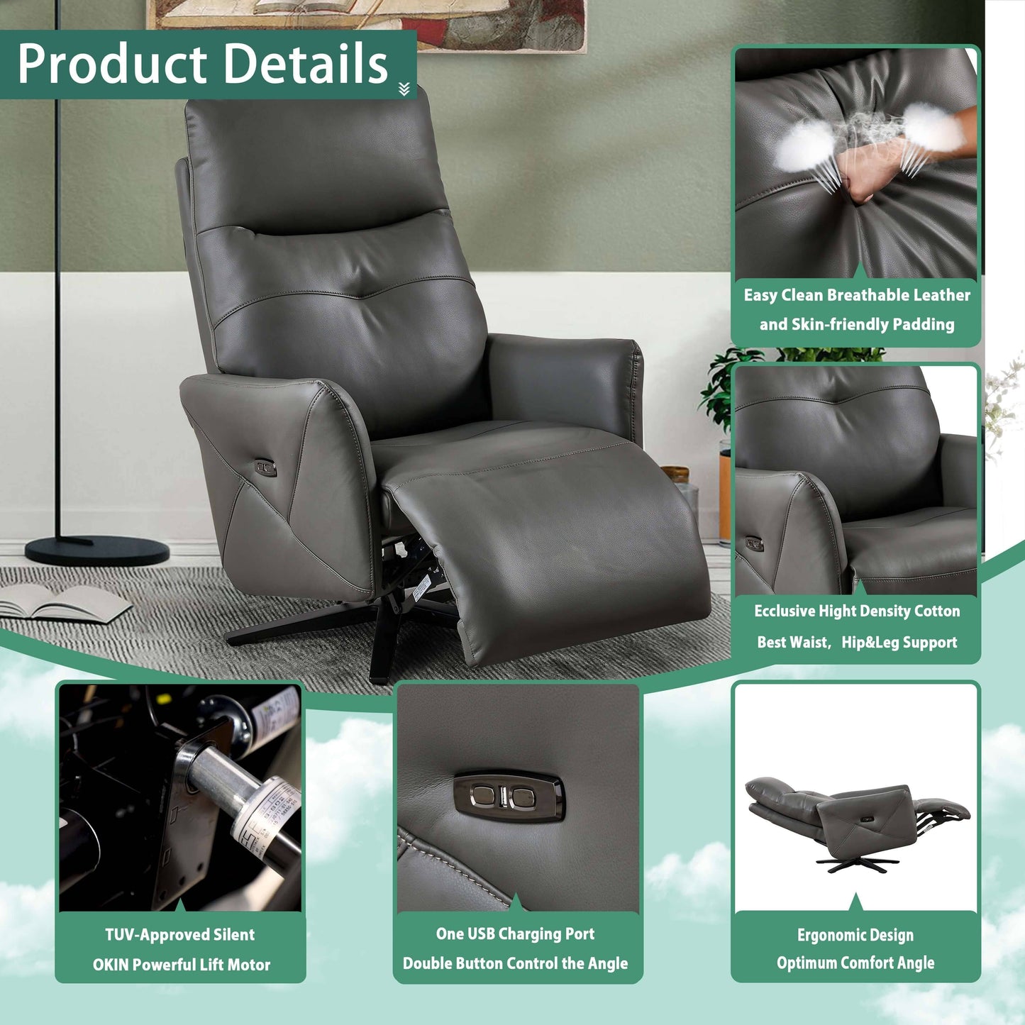 PUG258Y Power Zero Gravity Recliner Chair with Adjustable Headrest,360° Swivel USB Charge Port, Leather - Gray 