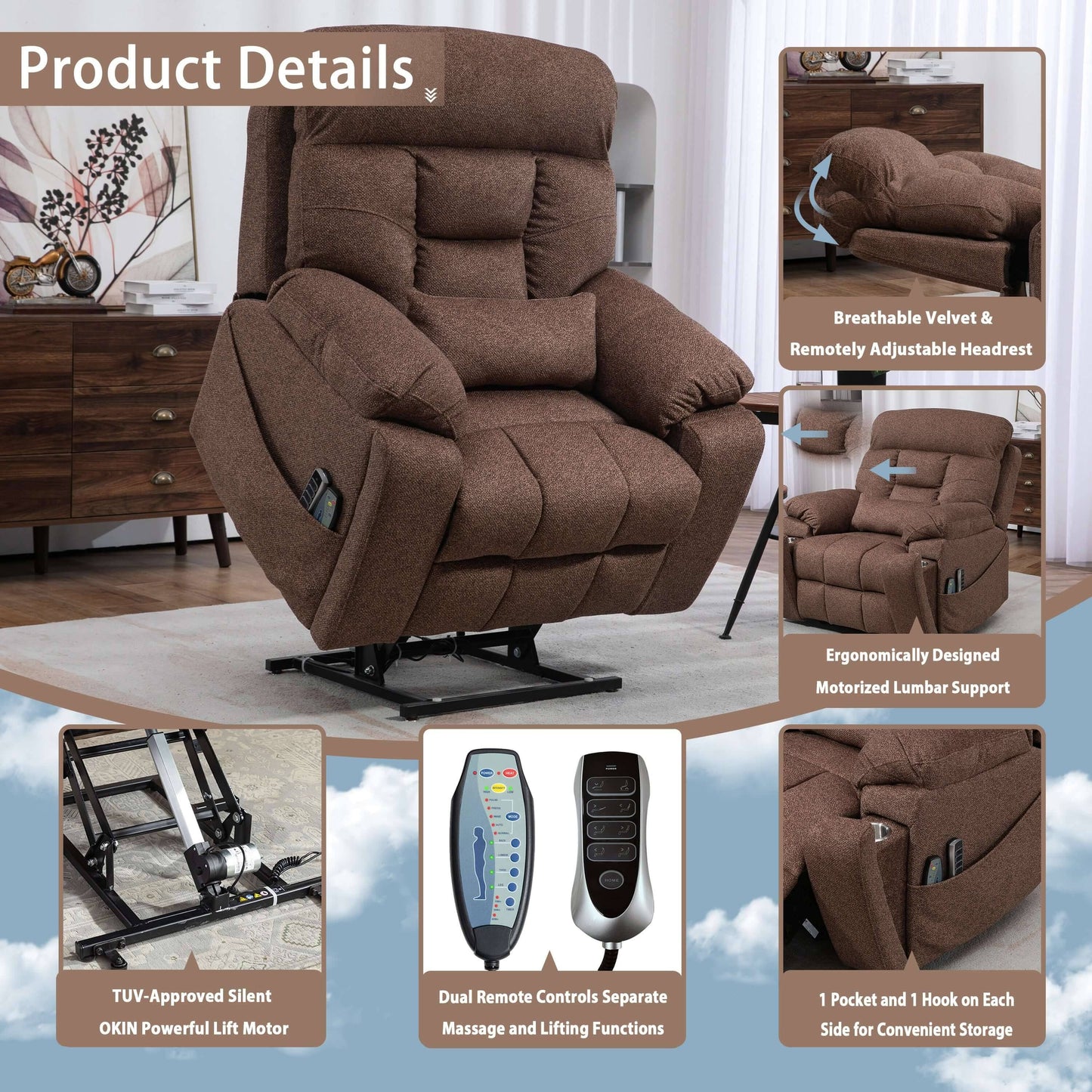 PUG258Y 9689Pro Lay Flat Lift Recliner with Heat&Massage for Seniors, Hidden Cup Holders - Nut Brown