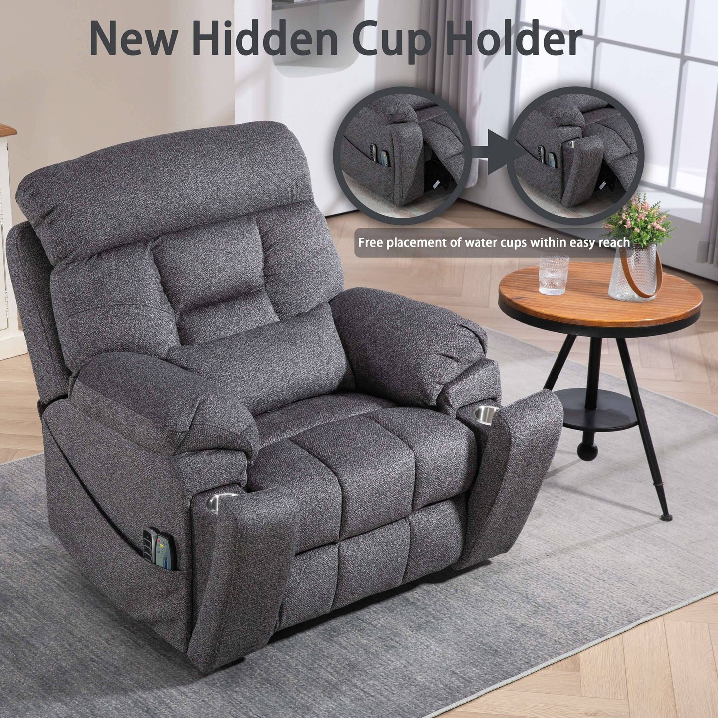 PUG258Y 9689Pro Lay Flat Lift Recliner with Heat&Massage for Seniors, Hidden Cup Holders - Dark Gray