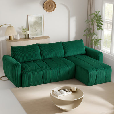 Convertible Modular Sectional Sofa: 105 inches Reversible Modern Couch Bed with Storage Seat, L Shaped 3 Seater Comfy Sofa Couch for Living Room Apartment Lounge Office, 3 Pillows, Corduroy - Green