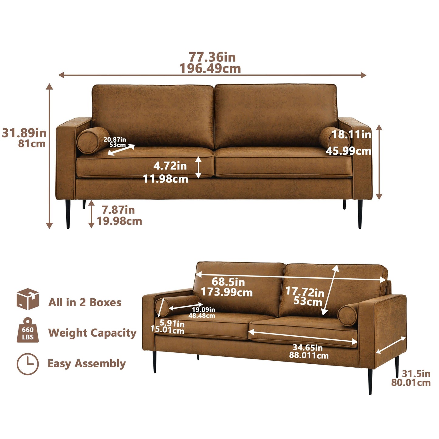 Loveseat Modern Sofa Couch: Mid-Century Sofa with Extra Deep Seats,77 Inch 2 Seater Sofa Couch for Living Room Apartment Lounge and Office, Dual Pillows, Leathaire Fabric - Large COGNAC