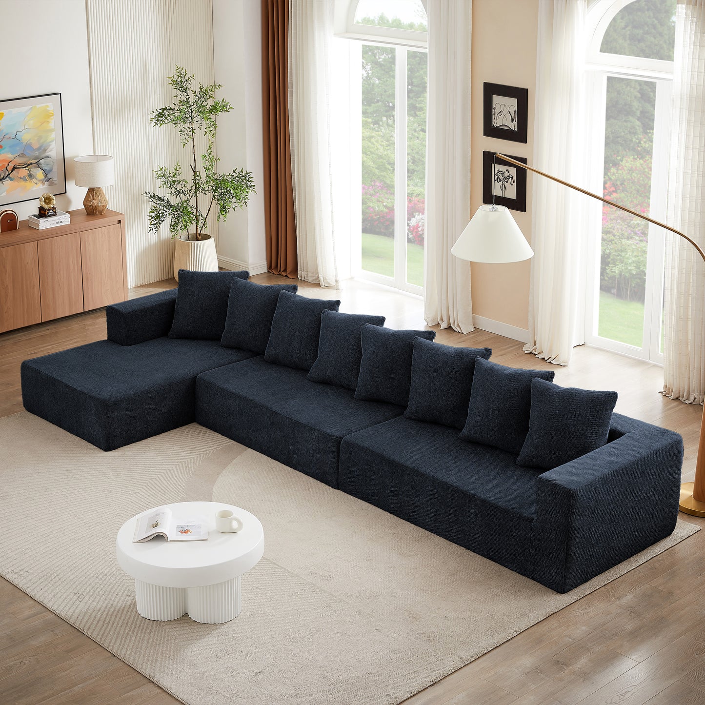 Sectional Modular Sofa Couch Bed PUG258Y: 159" Boneless 7 Seater Sectional Cloud Couch Convertible Modern Sofa Couch Bed for Living Bed Room, Office, Apartment (XXL - L Shaped Couch, Navy Blue)