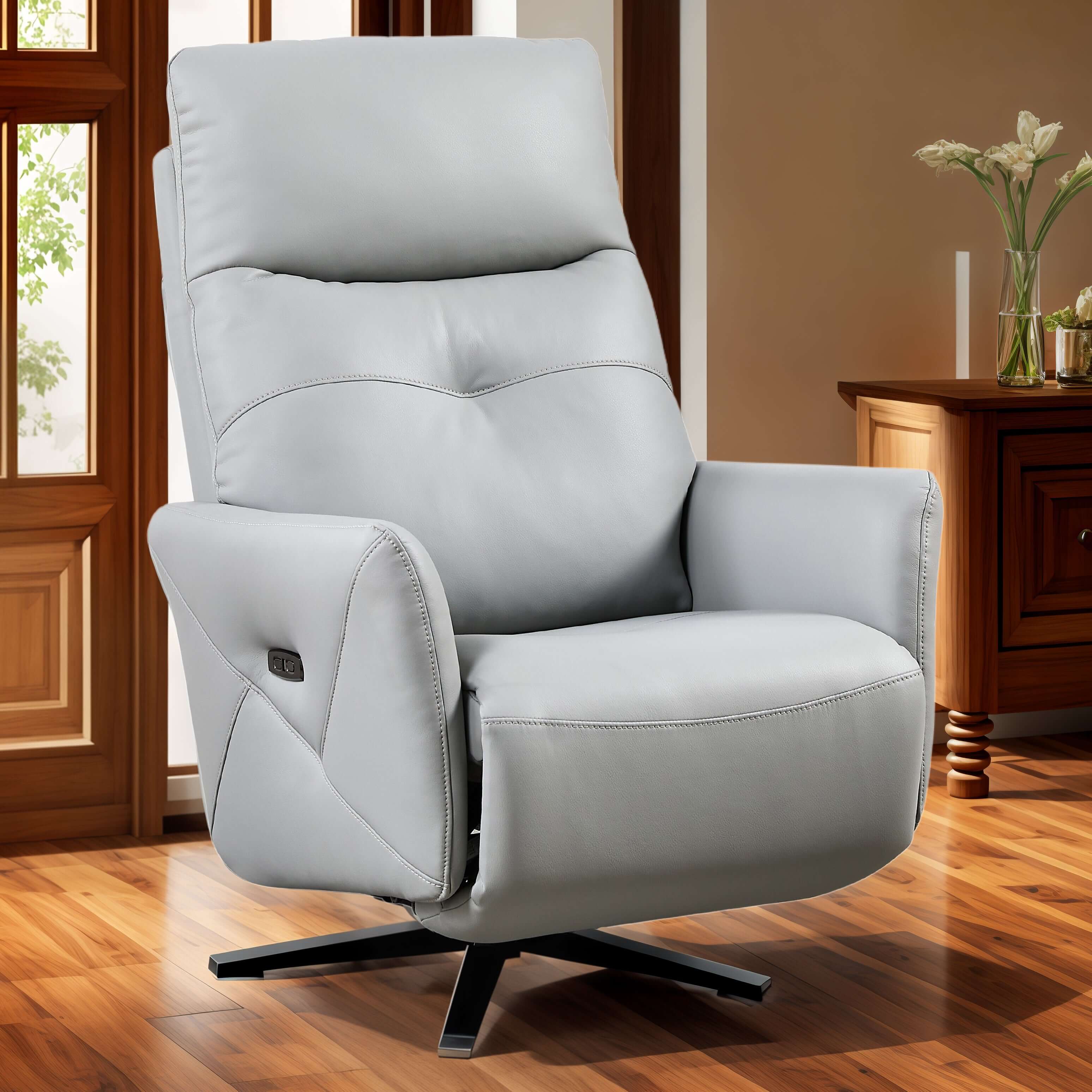 PUG258Y Power Zero Gravity Recliner Chair with Adjustable Headrest,360° Swivel USB Charge Port, Leather - Argent﻿