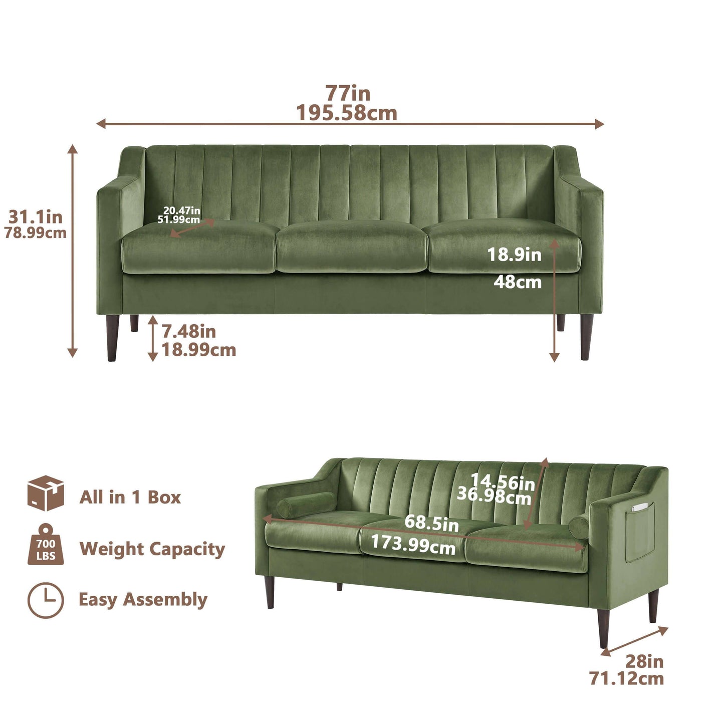 Loveseat Modern Sofa Couch: Mid-Century Sofa with Extra Deep Seats,79 Inch 3 Seater Comfy Sofa Couch for Living Room Apartment Lounge and Office, Dual Pillows, Leathaire Fabric - Large Green