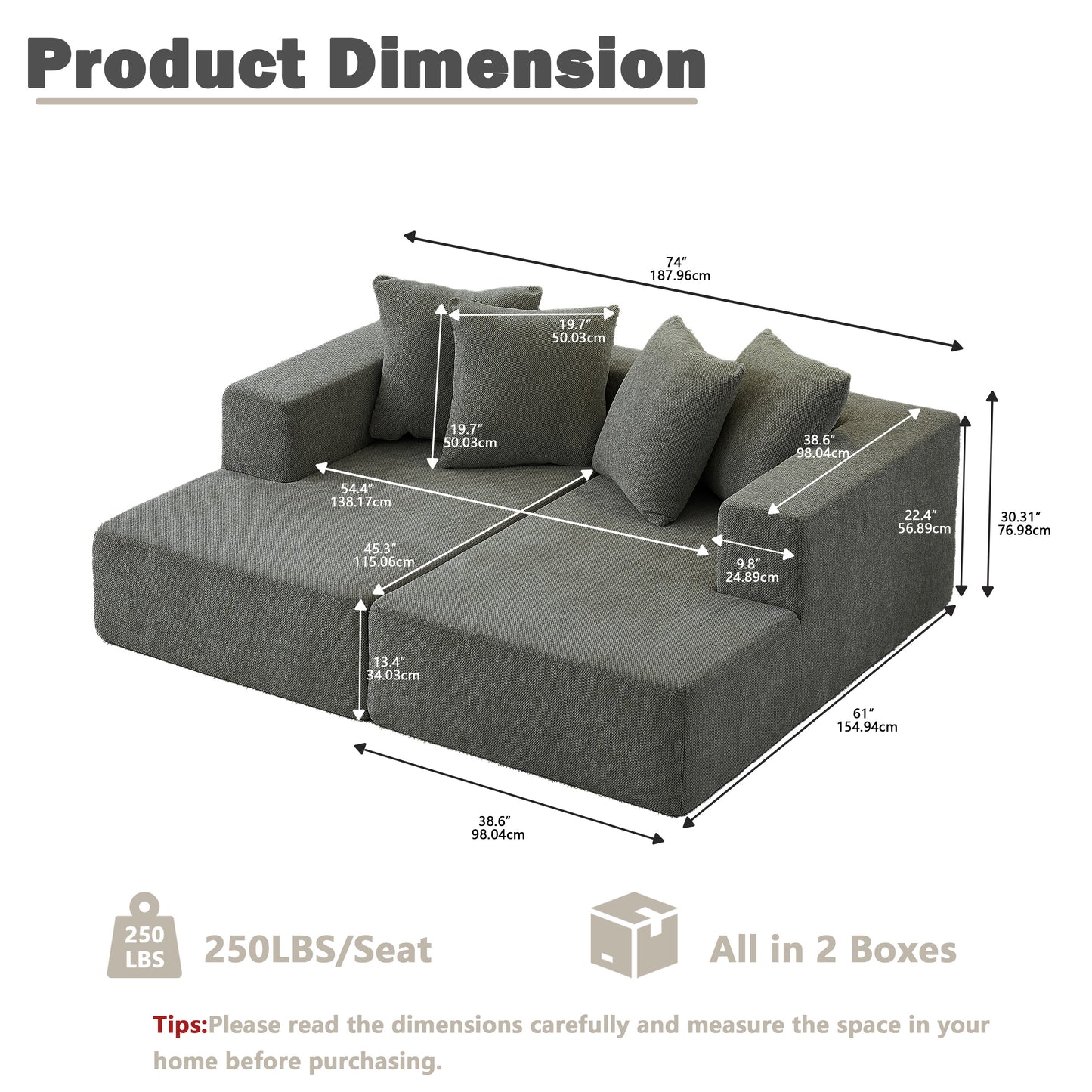 Sectional Modular Sofa Couch Bed PUG258Y: 74" Boneless 4 Seater Chaise Lounge Loveseat, Convertible Modern Couch Bed for Living Bed Room, Small Space, Apartment (M - Sleeper Couch, Gray)