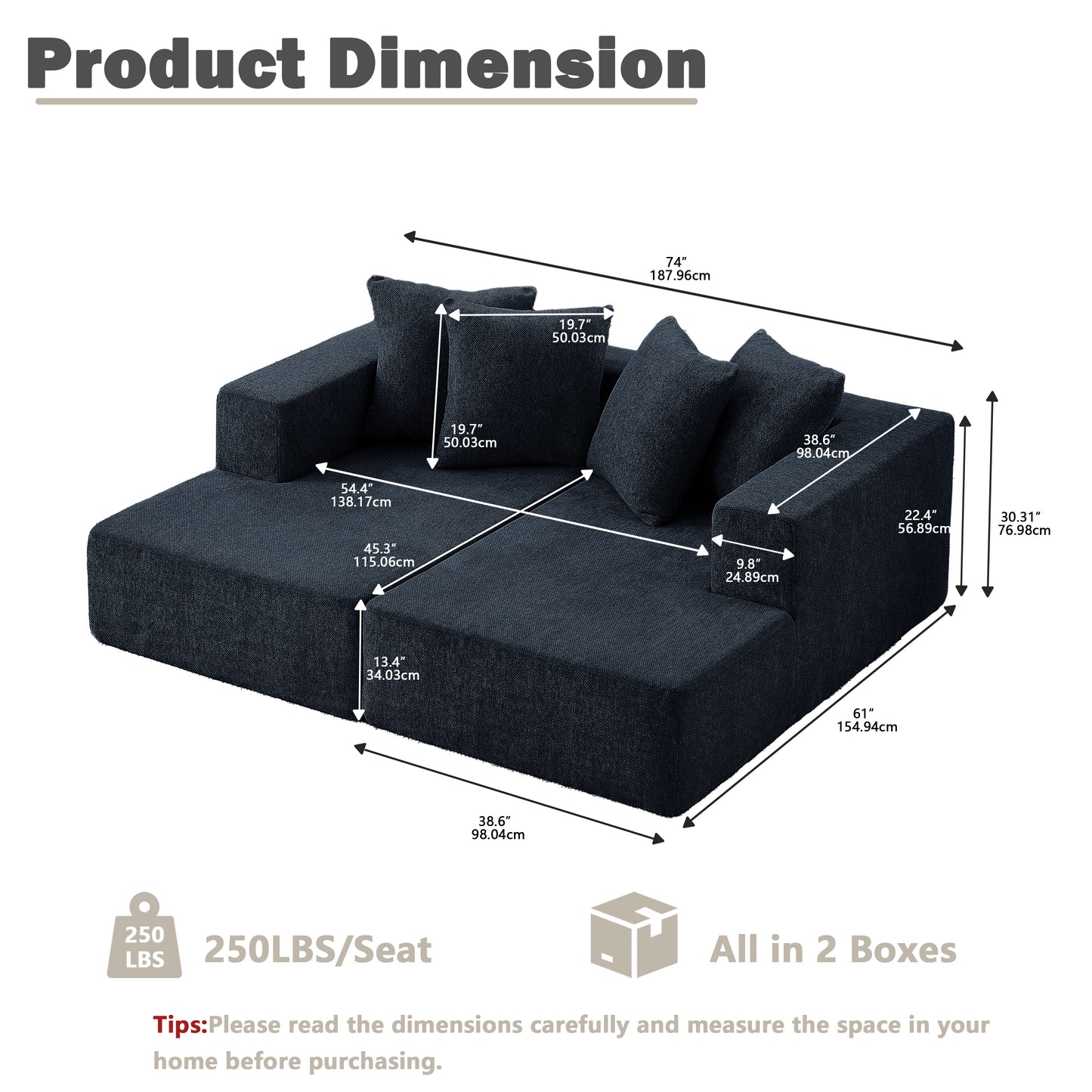 Sectional Modular Sofa Couch Bed PUG258Y: 74" Boneless 4 Seater Chaise Lounge Loveseat, Convertible Modern Couch Bed for Living Bed Room, Small Space, Apartment (M - Sleeper Couch, Navy Blue)