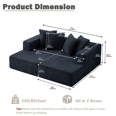 Sectional Modular Sofa Couch Bed PUG258Y: 74" Boneless 4 Seater Chaise Lounge Loveseat, Convertible Modern Couch Bed for Living Bed Room, Small Space, Apartment (M - Sleeper Couch, Navy Blue)