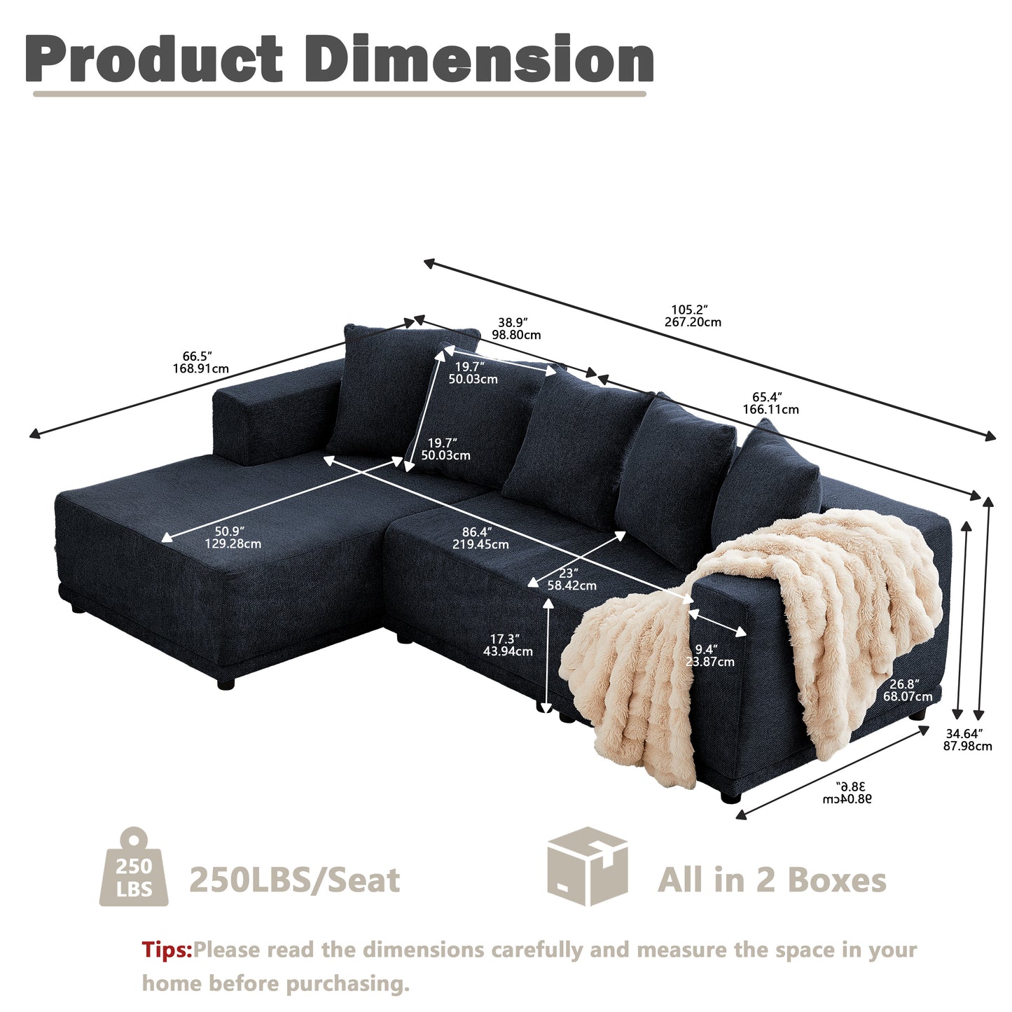 Sectional Modular Sofa Couch Bed PUG258Y: 105" Boneless 5 Seater Sectional Cloud Couch Convertible Modern Sofa Couch Bed for Living  Bed Room, Office, Apartment (L - L Shaped Couch, Navy Blue)