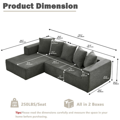 Sectional Modular Sofa Couch Bed PUG258Y: 105" Boneless 5 Seater Sectional Cloud Couch Convertible Modern Sofa Couch Bed for Living  Bed Room, Office, Apartment (L - L Shaped Couch, Gray)