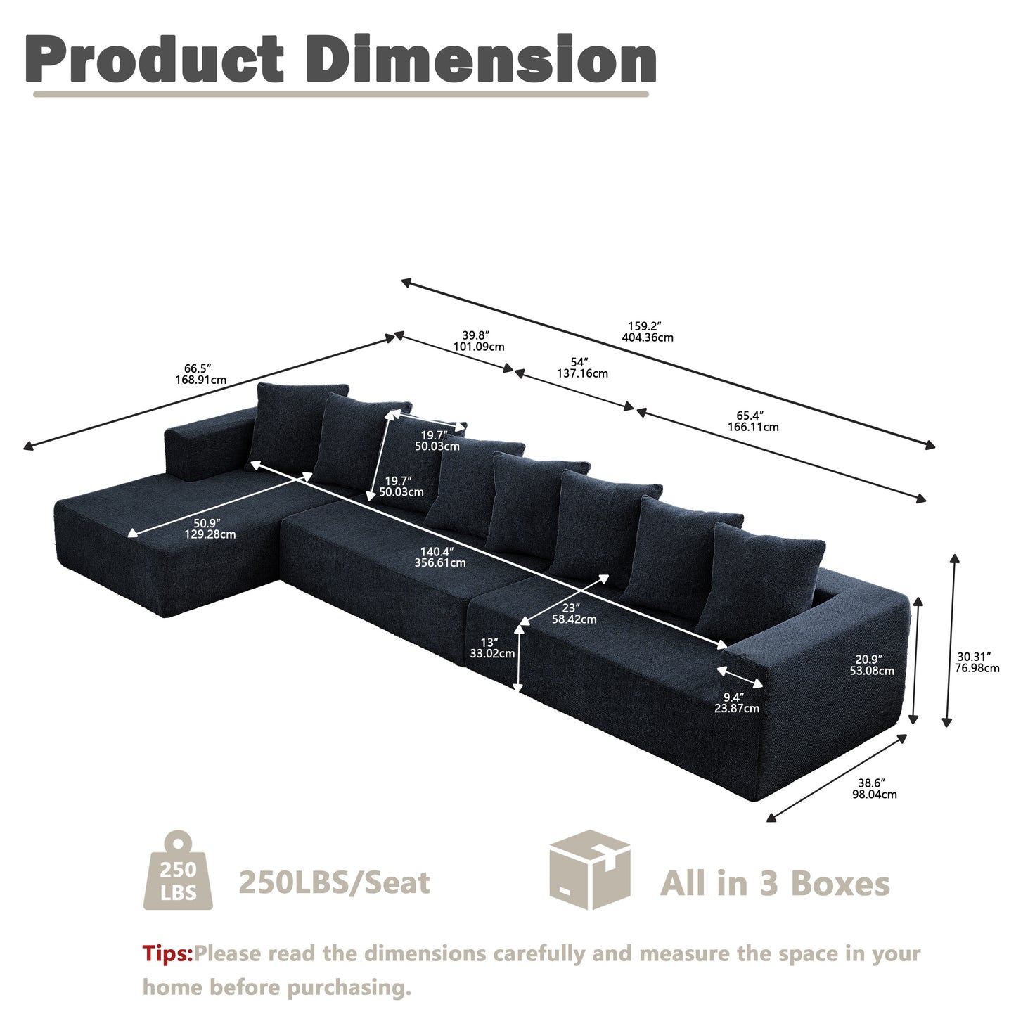 Sectional Modular Sofa Couch Bed PUG258Y: 159" Boneless 7 Seater Sectional Cloud Couch Convertible Modern Sofa Couch Bed for Living Bed Room, Office, Apartment (XXL - L Shaped Couch, Navy Blue)