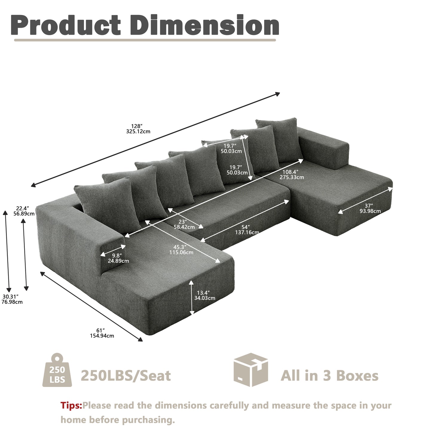 Sectional Modular Sofa Couch Bed PUG258Y: 128" Boneless 6 Seater Sectional Cloud Couch Convertible Modern Sofa Couch Bed for Living  Bed Room, Office, Apartment (XL - U Shaped Couch, Gray)