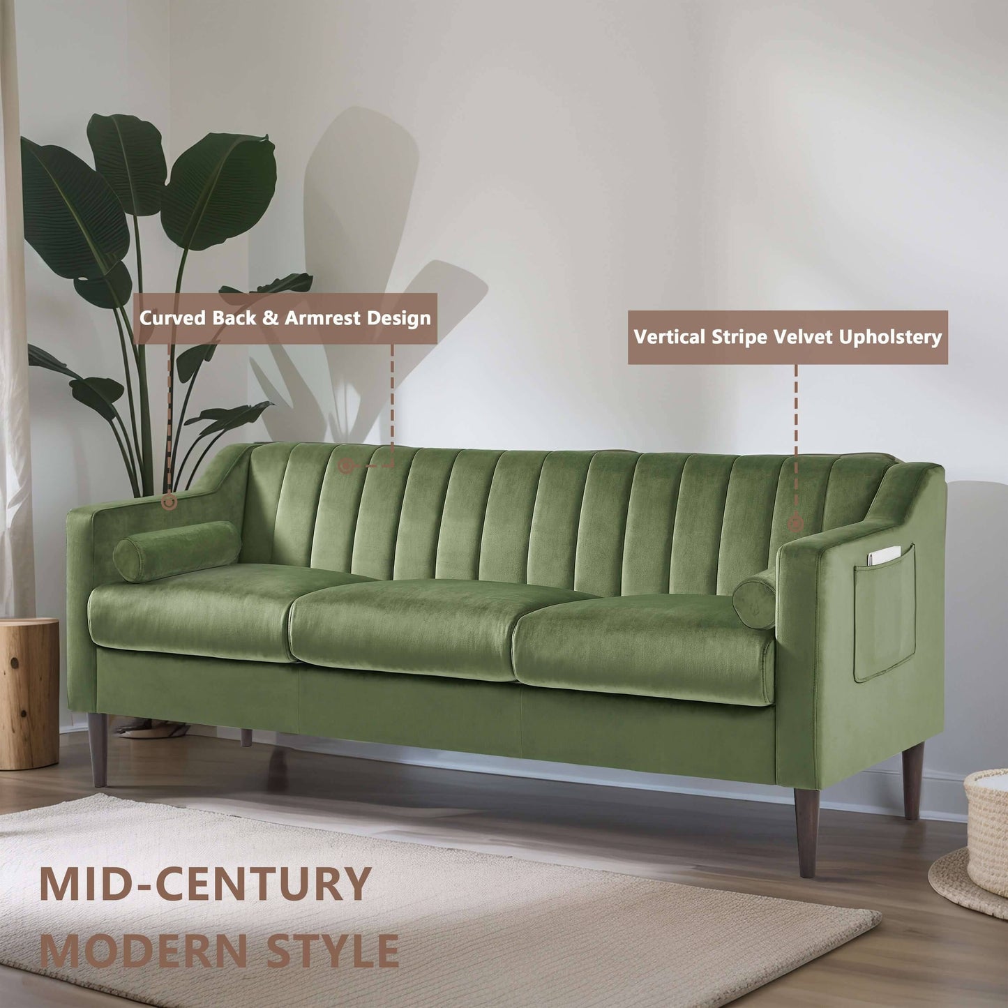 Loveseat Modern Sofa Couch: Mid-Century Sofa with Extra Deep Seats,79 Inch 3 Seater Comfy Sofa Couch for Living Room Apartment Lounge and Office, Dual Pillows, Leathaire Fabric - Large Green