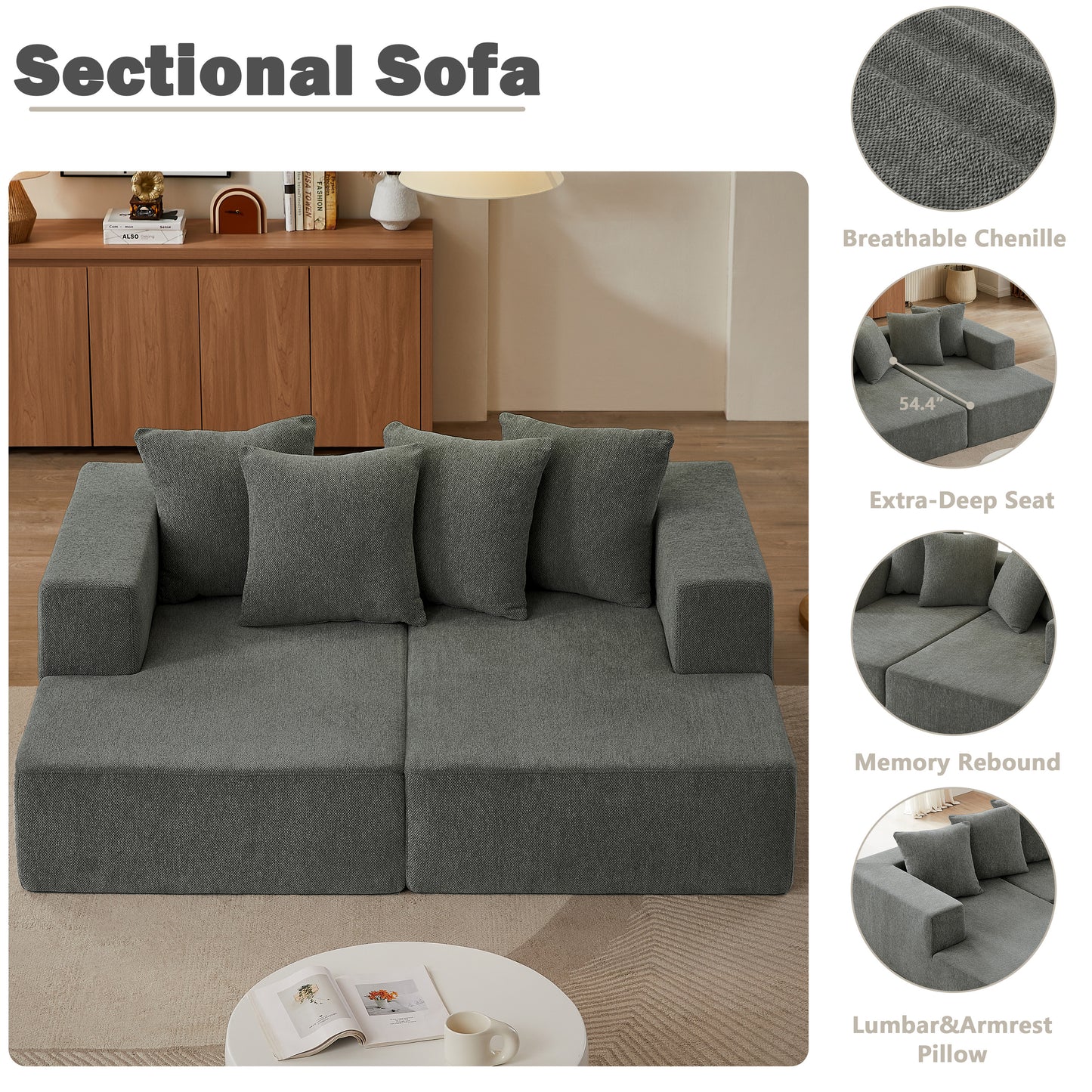 Sectional Modular Sofa Couch Bed PUG258Y: 74" Boneless 4 Seater Chaise Lounge Loveseat, Convertible Modern Couch Bed for Living Bed Room, Small Space, Apartment (M - Sleeper Couch, Gray)