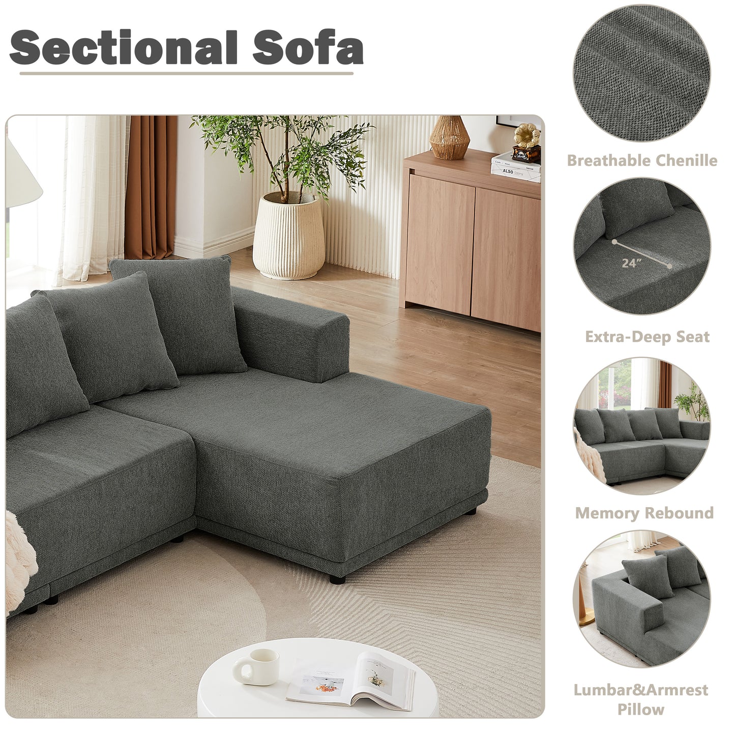 Sectional Modular Sofa Couch Bed PUG258Y: 128" Boneless 6 Seater Sectional Cloud Couch Convertible Modern Sofa Couch Bed for Living  Bed Room, Office, Apartment (XL - U Shaped Couch, Gray)