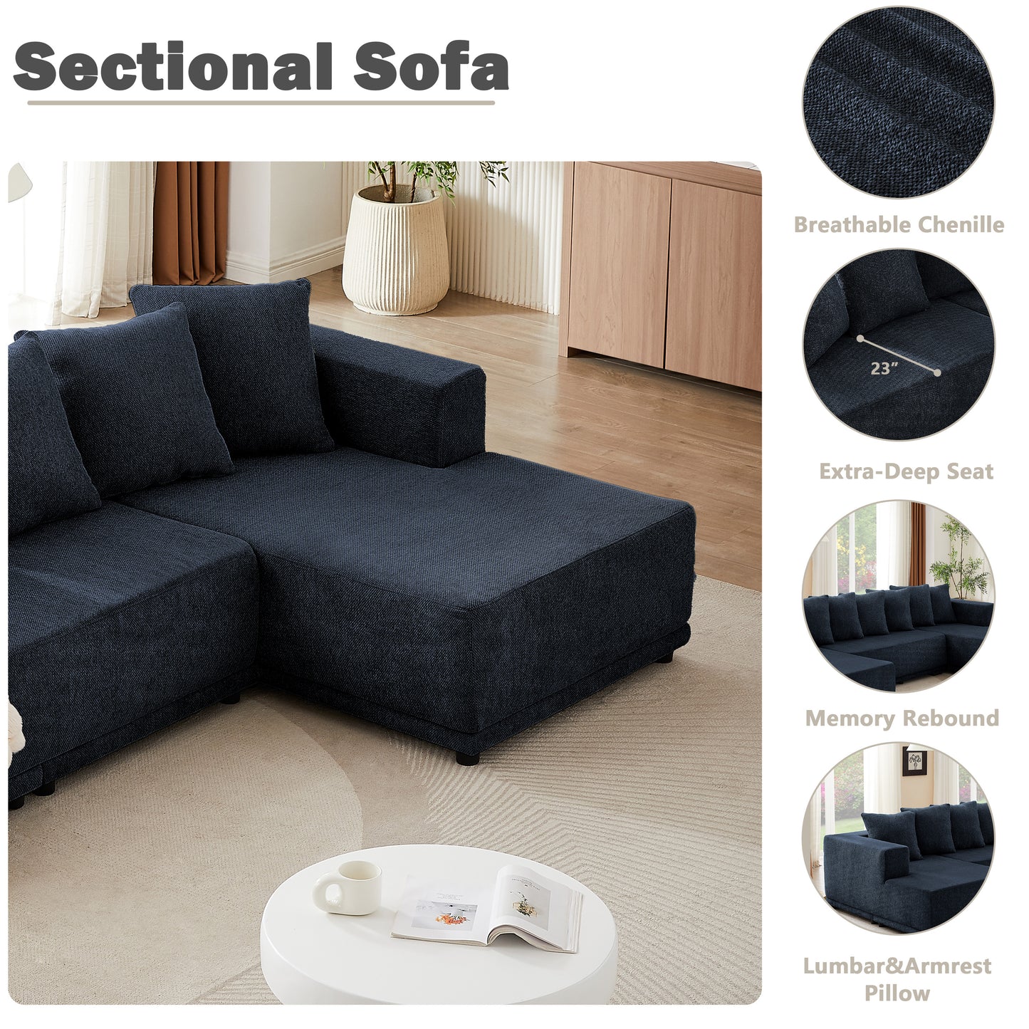 Sectional Modular Sofa Couch Bed PUG258Y: 128" Boneless 6 Seater Sectional Cloud Couch Convertible Modern Sofa Couch Bed for Living  Bed Room, Office, Apartment (XL - U Shaped Couch, Navy Blue)