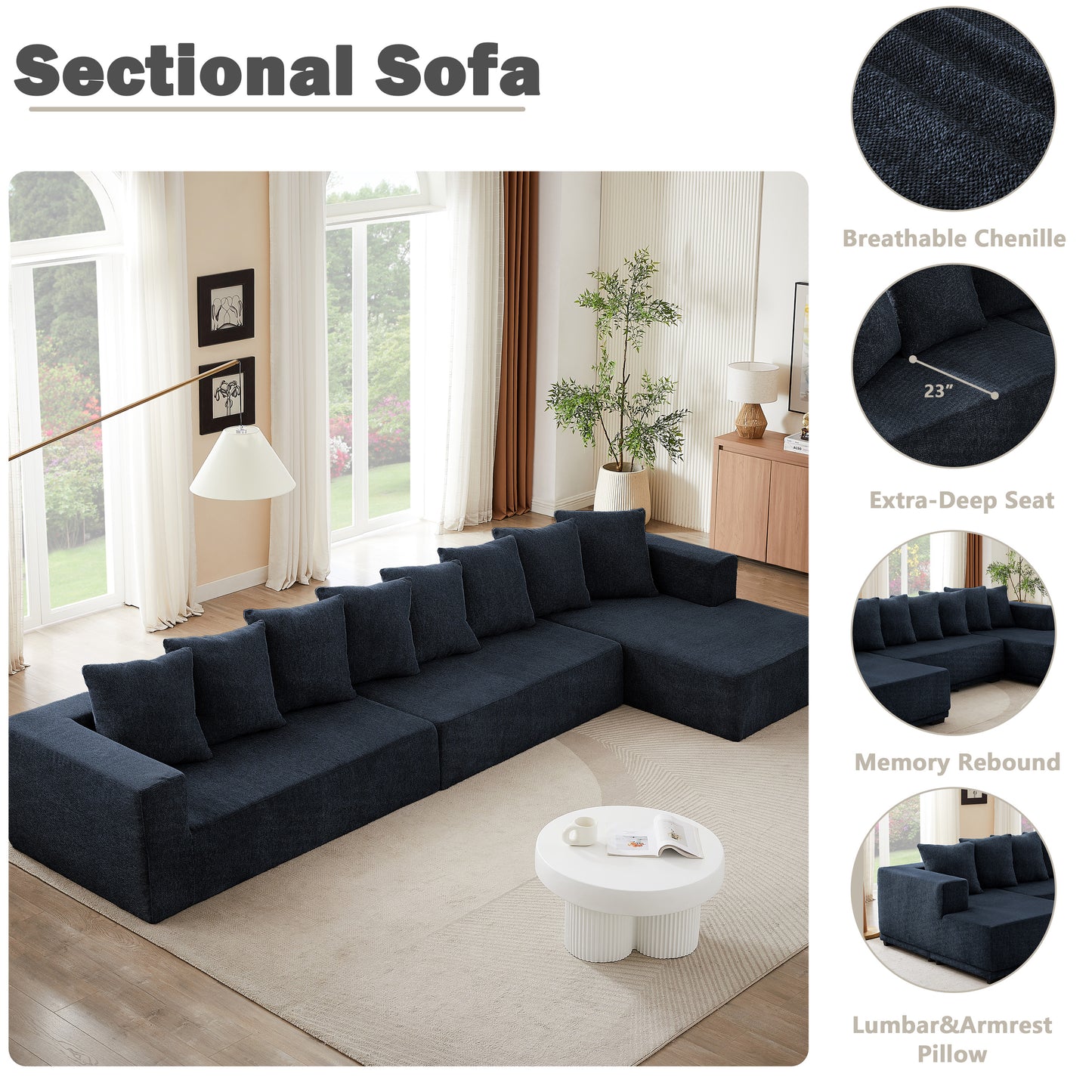 Sectional Modular Sofa Couch Bed PUG258Y: 159" Boneless 7 Seater Sectional Cloud Couch Convertible Modern Sofa Couch Bed for Living Bed Room, Office, Apartment (XXL - L Shaped Couch, Navy Blue)