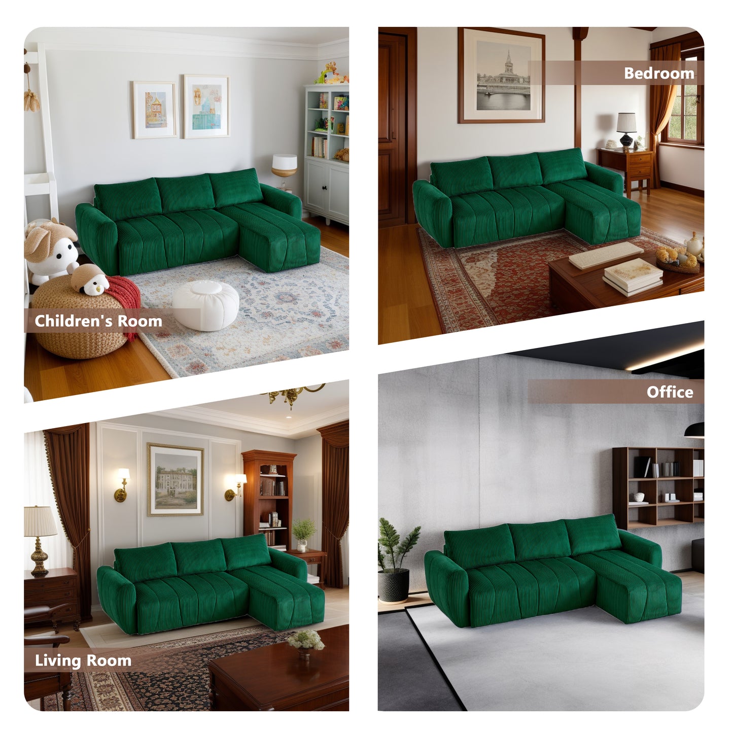 Convertible Modular Sectional Sofa: 105 inches Reversible Modern Couch Bed with Storage Seat, L Shaped 3 Seater Comfy Sofa Couch for Living Room Apartment Lounge Office, 3 Pillows, Corduroy - Green