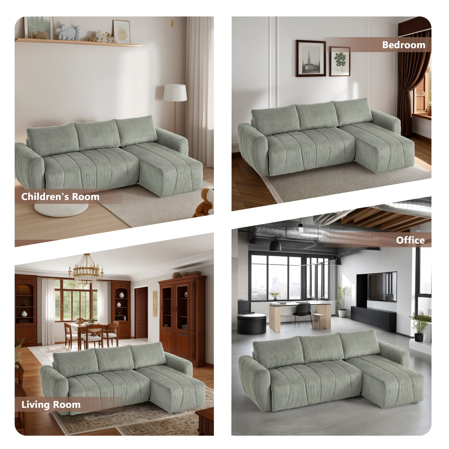 Convertible Modular Sectional Couch: 105 inches Reversible Modern Sofa Bed with Storage Seat, L Shaped 3 Seater Comfy Sofa Couch for Living Room Apartment Lounge Office, 3 Pillows, Corduroy - Grey