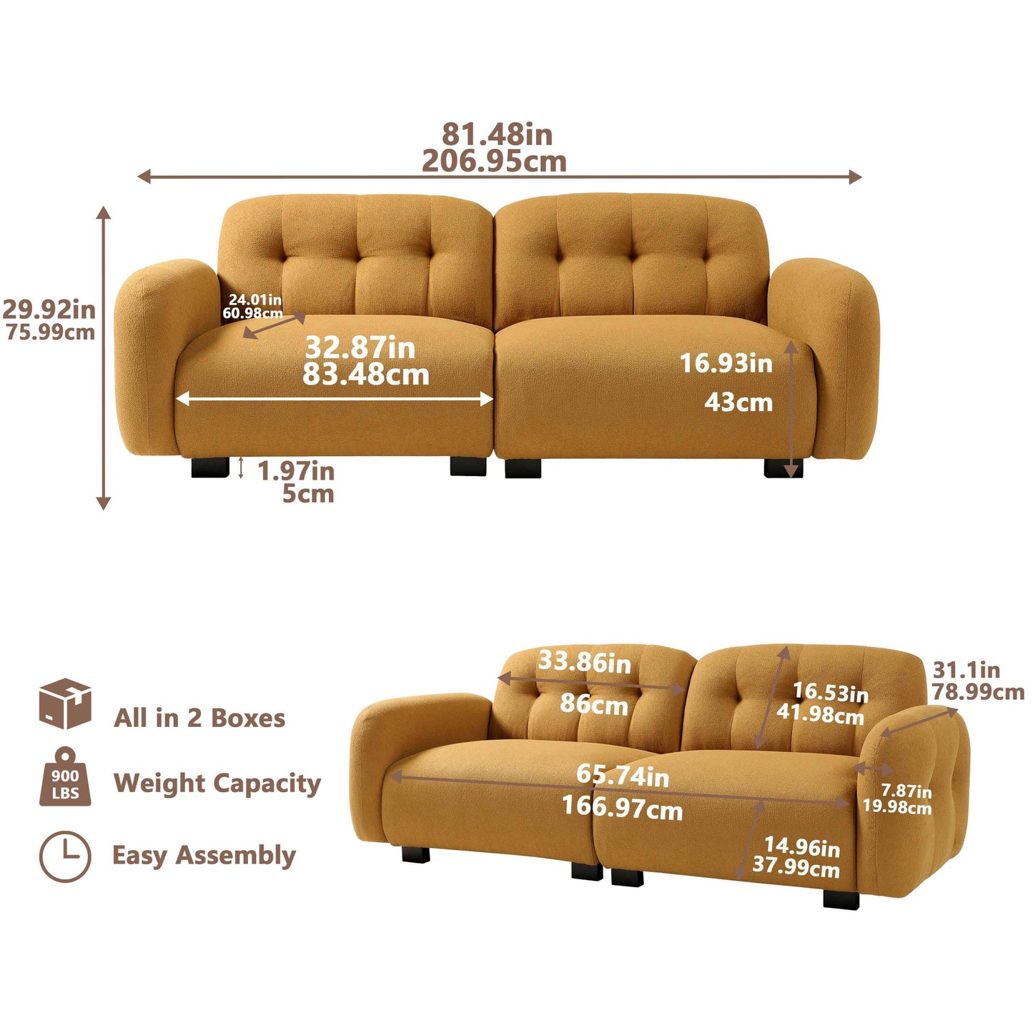 Loveseat Modern Sofa Couch: Mid-Century Sofa with Extra Deep Seats,81 Inch 2 Seater Sofa Couch for Living Room Apartment Lounge and Office, Dual Pillows, Teddy - Large COGNAC