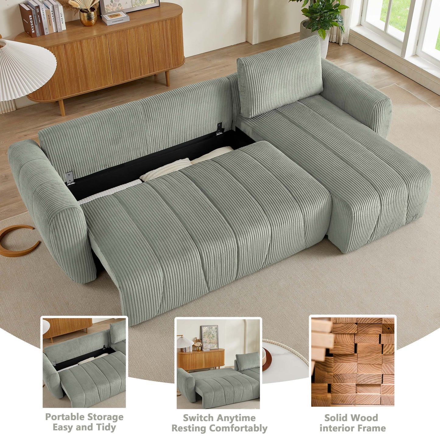 Convertible Modular Sectional Couch: 105 inches Reversible Modern Sofa Bed with Storage Seat, L Shaped 3 Seater Comfy Sofa Couch for Living Room Apartment Lounge Office, 3 Pillows, Corduroy - Grey