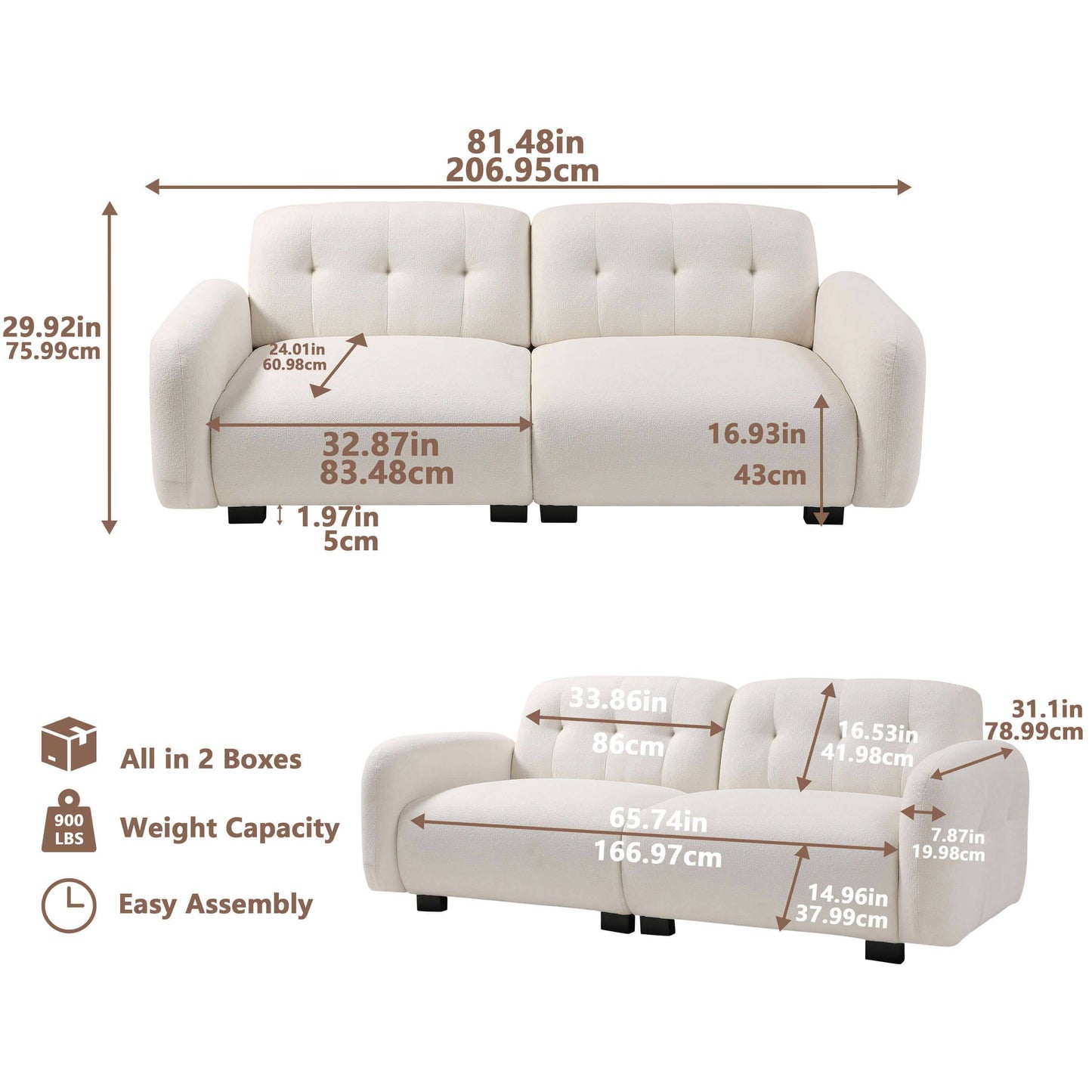 Loveseat Modern Sofa Couch: Mid-Century Sofa with Extra Deep Seats,81 Inch 2 Seater Sofa Couch for Living Room Apartment Lounge and Office, Dual Pillows, Teddy - Large Beige