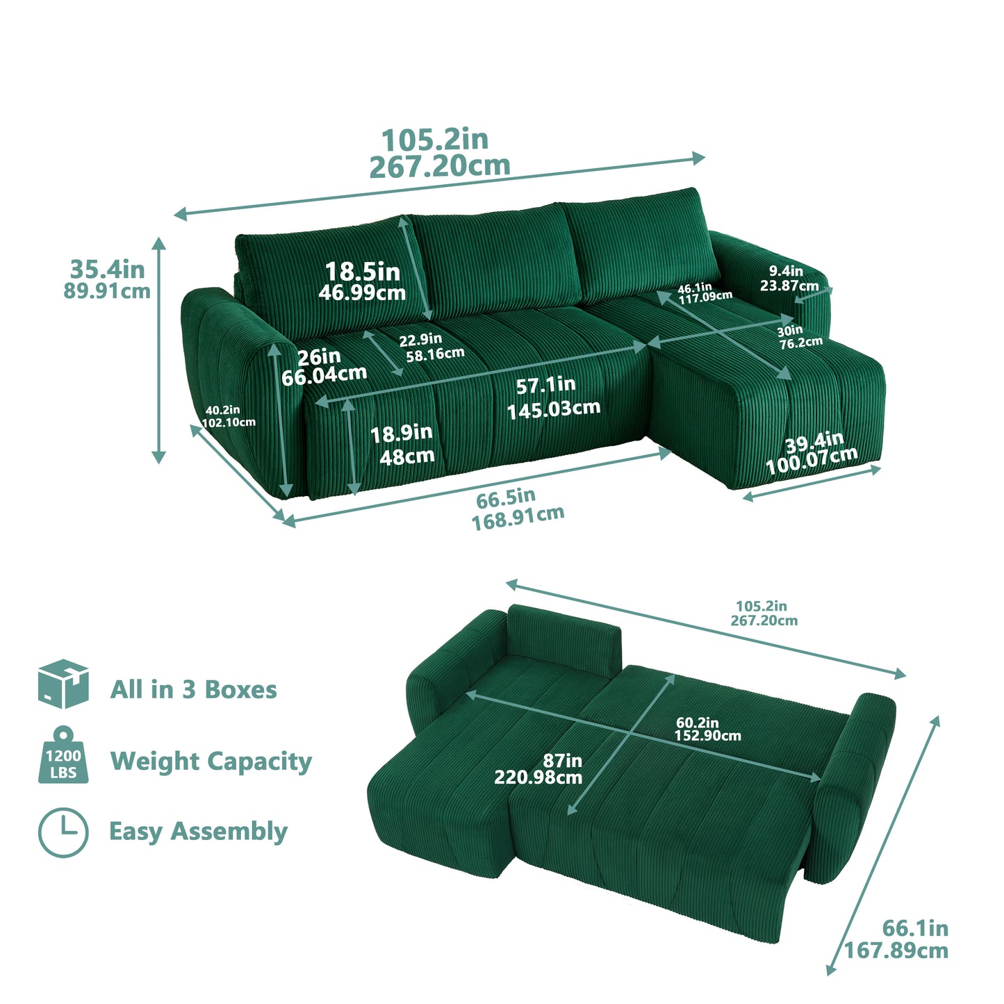 Convertible Modular Sectional Sofa: 105 inches Reversible Modern Couch Bed with Storage Seat, L Shaped 3 Seater Comfy Sofa Couch for Living Room Apartment Lounge Office, 3 Pillows, Corduroy - Green