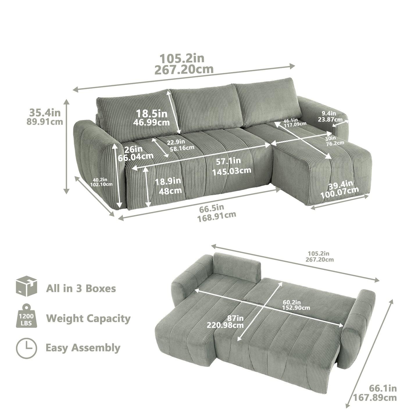 Convertible Modular Sectional Couch: 105 inches Reversible Modern Sofa Bed with Storage Seat, L Shaped 3 Seater Comfy Sofa Couch for Living Room Apartment Lounge Office, 3 Pillows, Corduroy - Grey