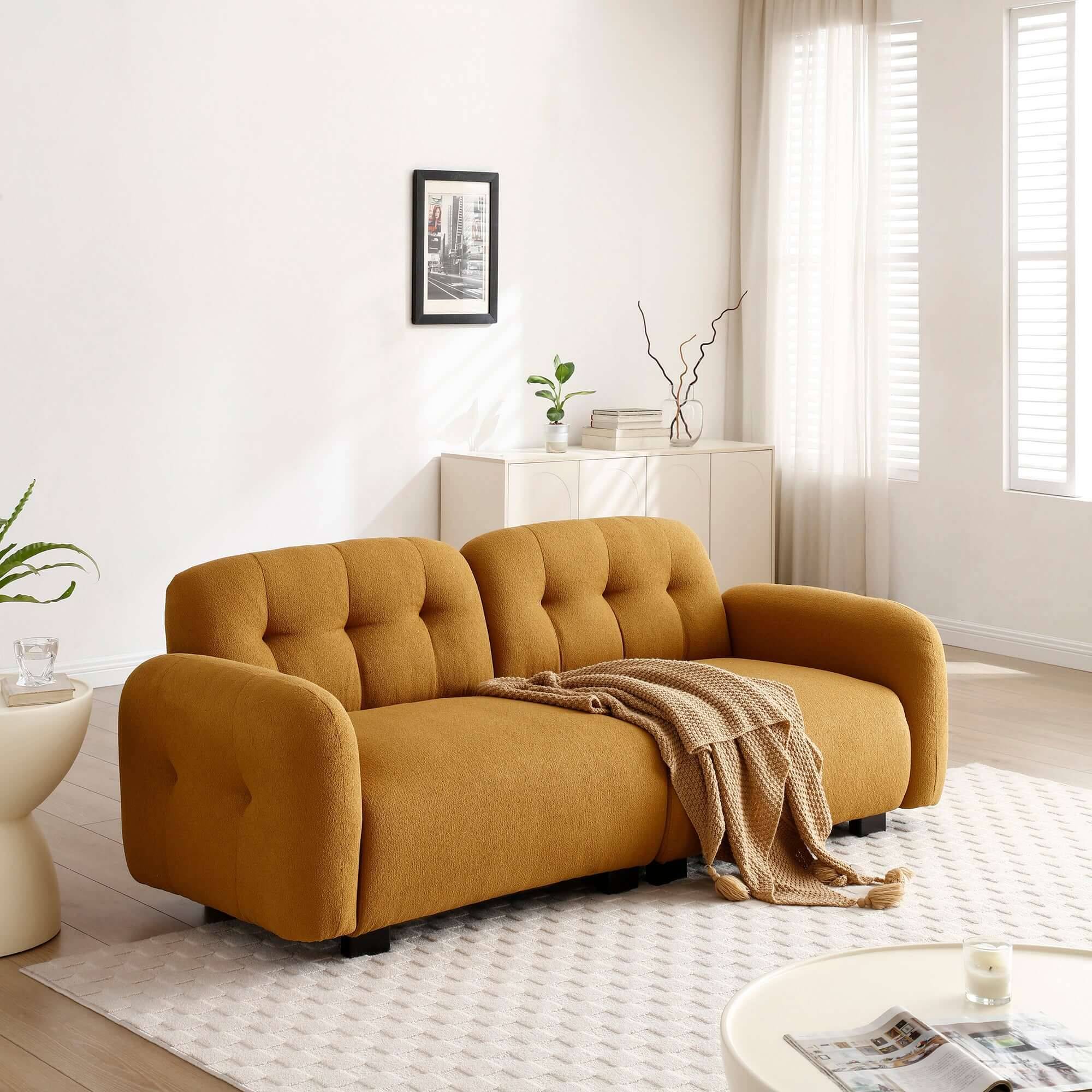 Loveseat Modern Sofa Couch: Mid-Century Sofa with Extra Deep Seats,81 Inch 2 Seater Sofa Couch for Living Room Apartment Lounge and Office, Dual Pillows, Teddy - Large COGNAC