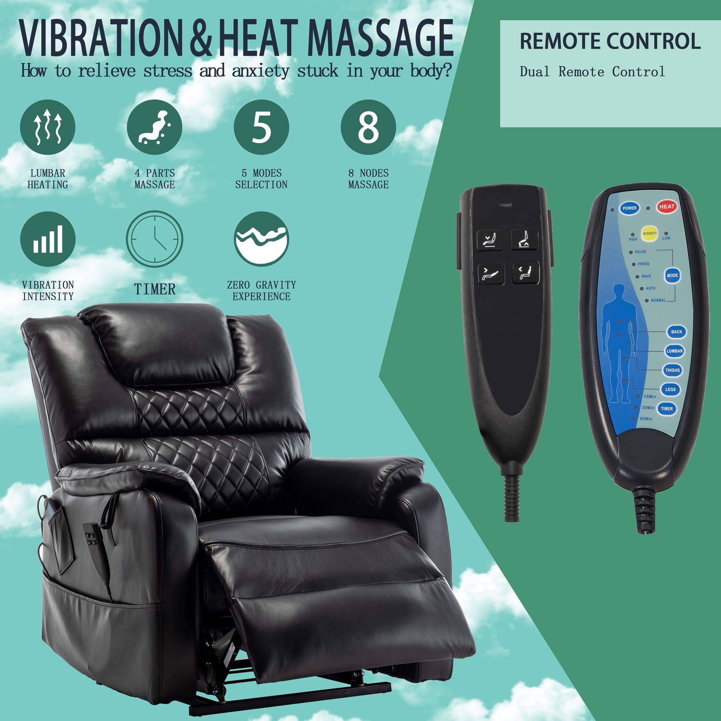 PUG258Y 9968Plus Power Lift Chair - Heat, Massage, Recline to 180 with Remote Controls - Black