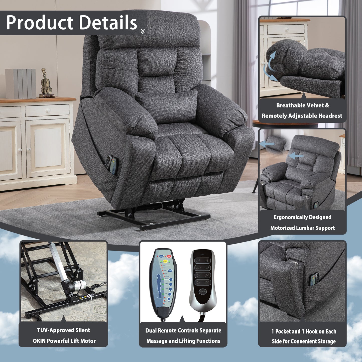 PUG258Y 9689Pro Lay Flat Lift Recliner with Heat&Massage for Seniors, Hidden Cup Holders -  Dark Gray
