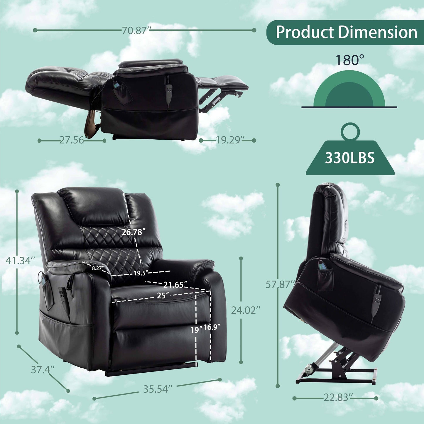 PUG258Y 9968Plus Power Lift Chair - Heat, Massage, Recline to 180 with Remote Controls - Black