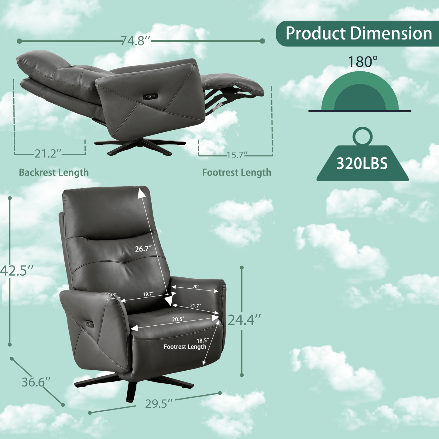 PUG258Y Power Zero Gravity Recliner Chair with Adjustable Headrest,360° Swivel USB Charge Port, Leather - Gray ﻿