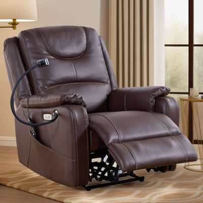 Power Zero Gravity Chair: Electric Recliner with Heat and Massage, Side Pockets,USB Port - Scratch Resistant Eco Leather Reddish Brown