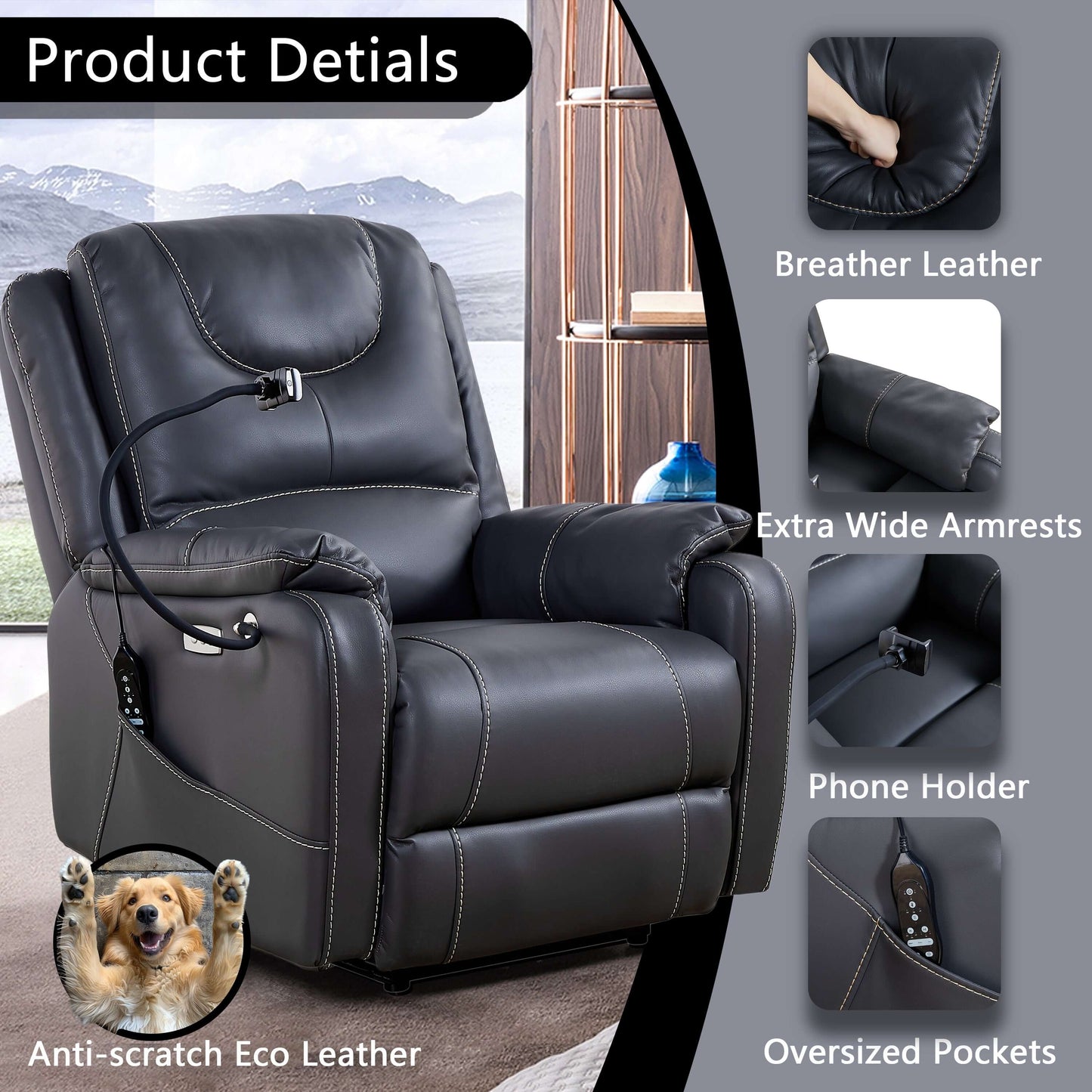 Power Zero Gravity Chair: Electric Recliner with Heat and Massage, Side Pockets,USB Port - Scratch Resistant Eco Leather Black