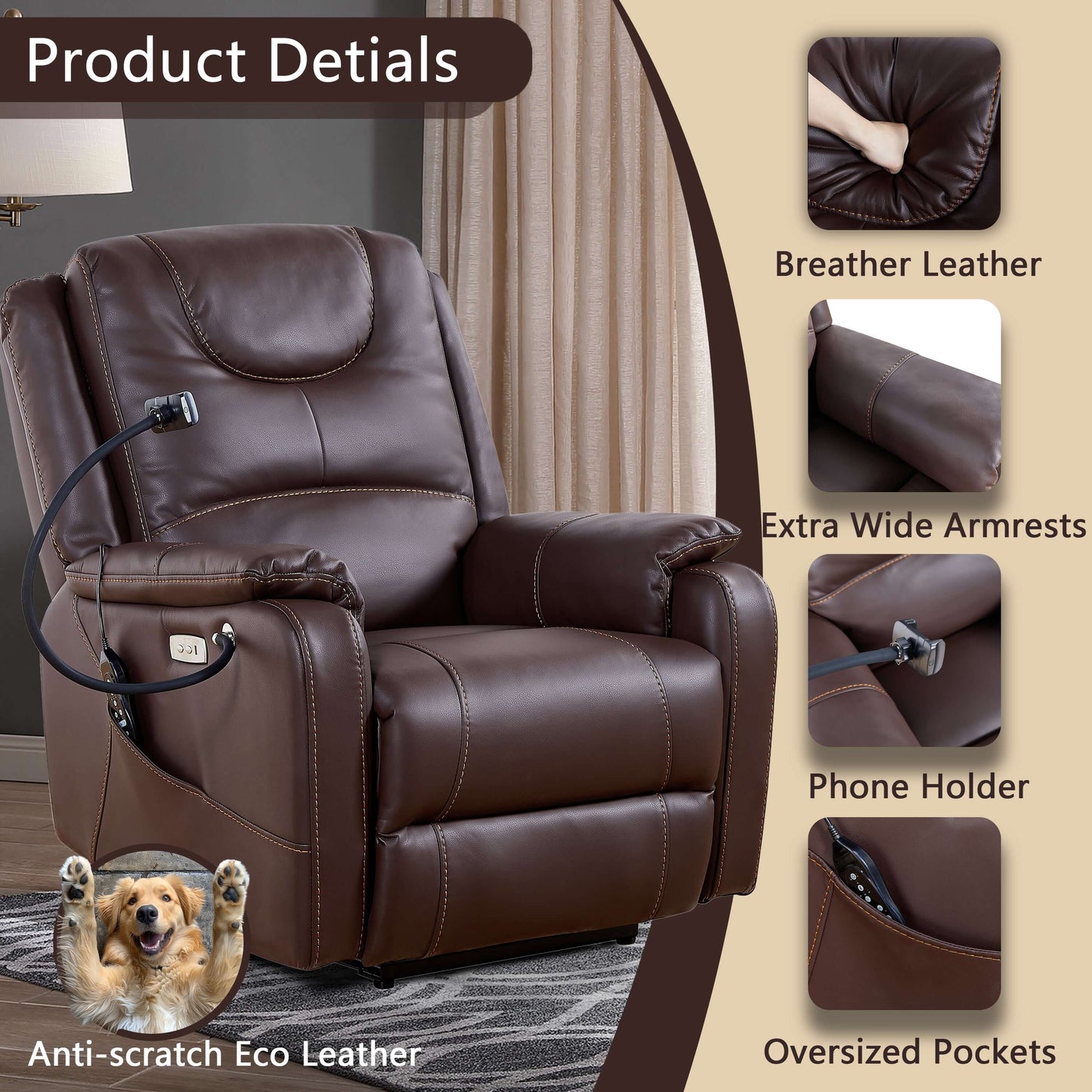 Power Zero Gravity Chair: Electric Recliner with Heat and Massage, Side Pockets,USB Port - Scratch Resistant Eco Leather Reddish Brown