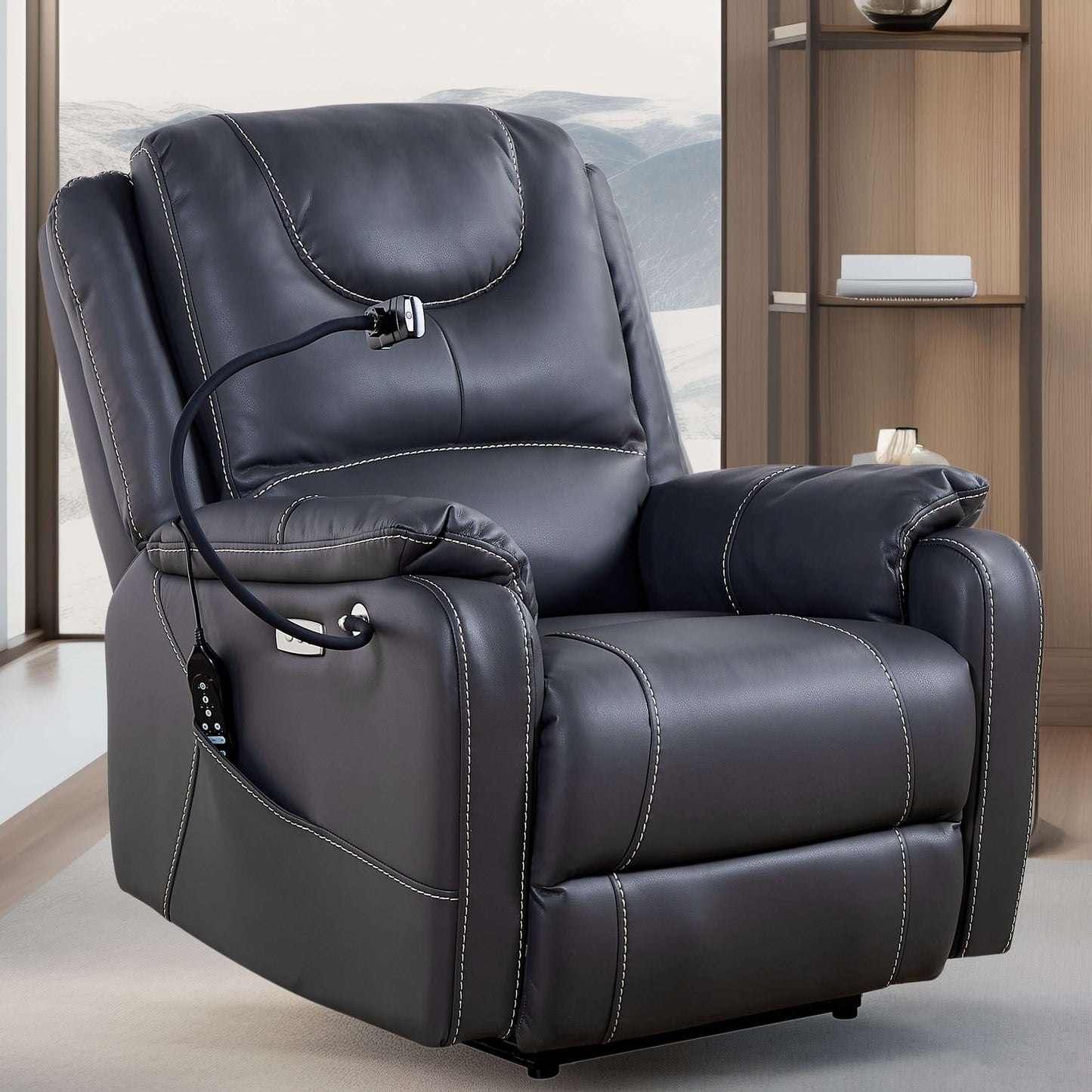 Power Zero Gravity Chair: Electric Recliner with Heat and Massage, Side Pockets,USB Port - Scratch Resistant Eco Leather Black