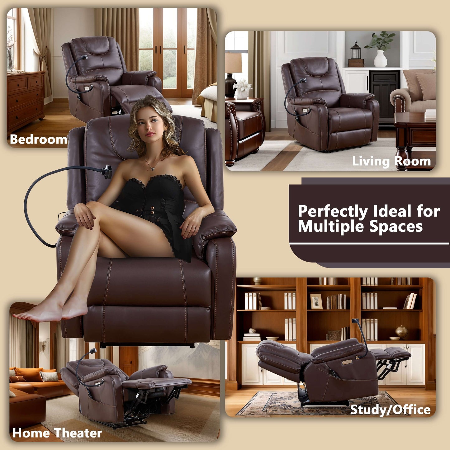 Power Zero Gravity Chair: Electric Recliner with Heat and Massage, Side Pockets,USB Port - Scratch Resistant Eco Leather Reddish Brown